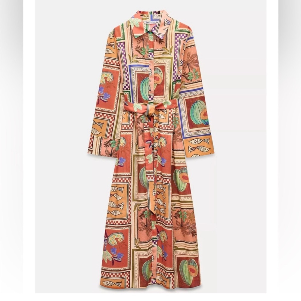 Zara orange tile print shirt dress ZW Collection